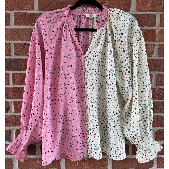 Entro Pink & Ivory Colorblock Ruffle Cuff Polka Dot Blouse M - Picture 1 of 10